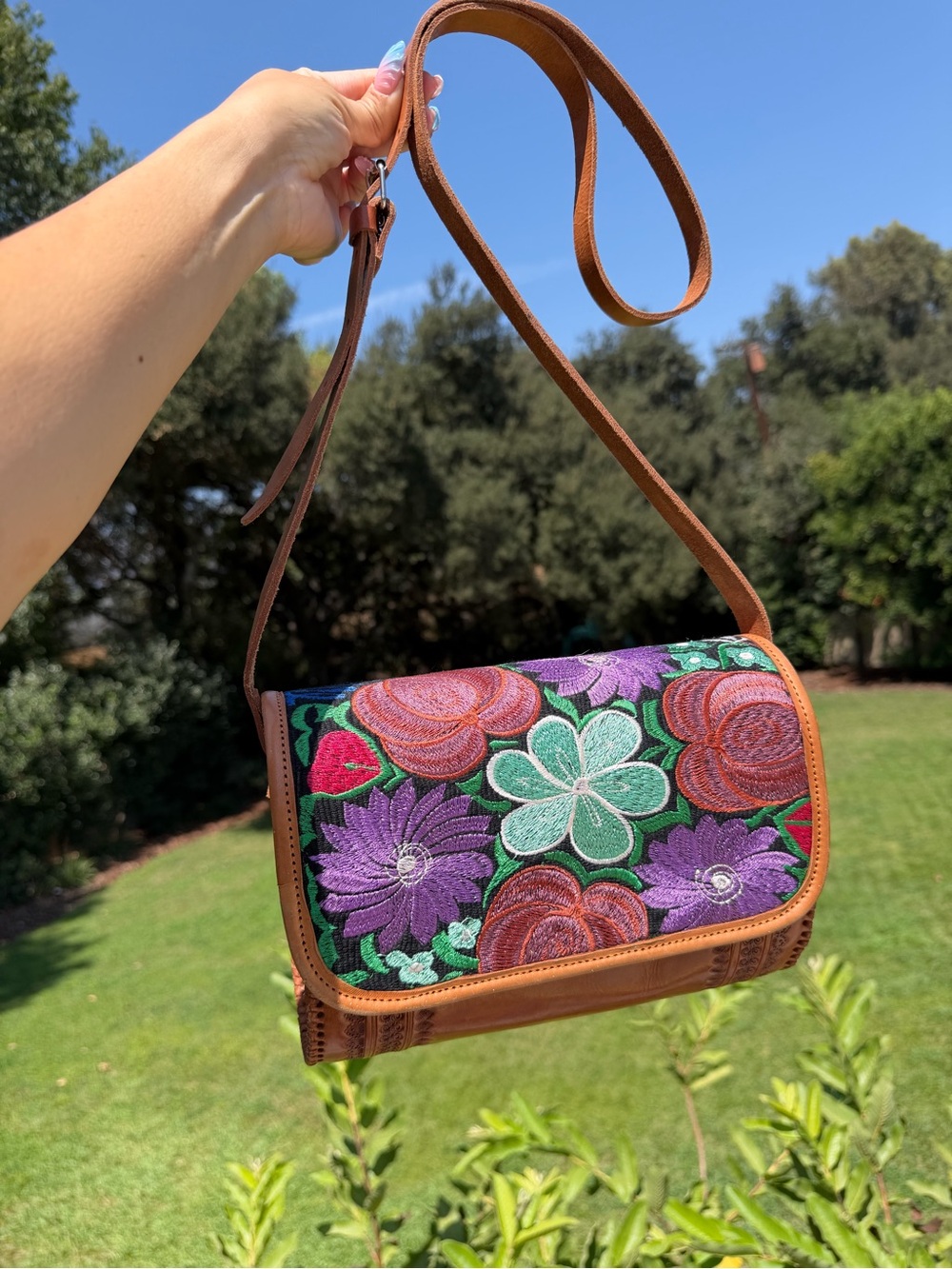 Embroidered Floral Leather Crossbody Bag in Brown and Multicolor
